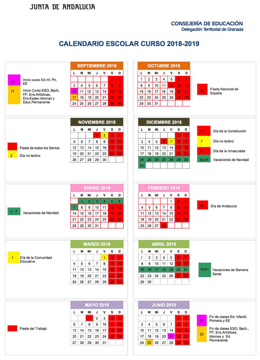 Calendario escolar Granada 2018-19