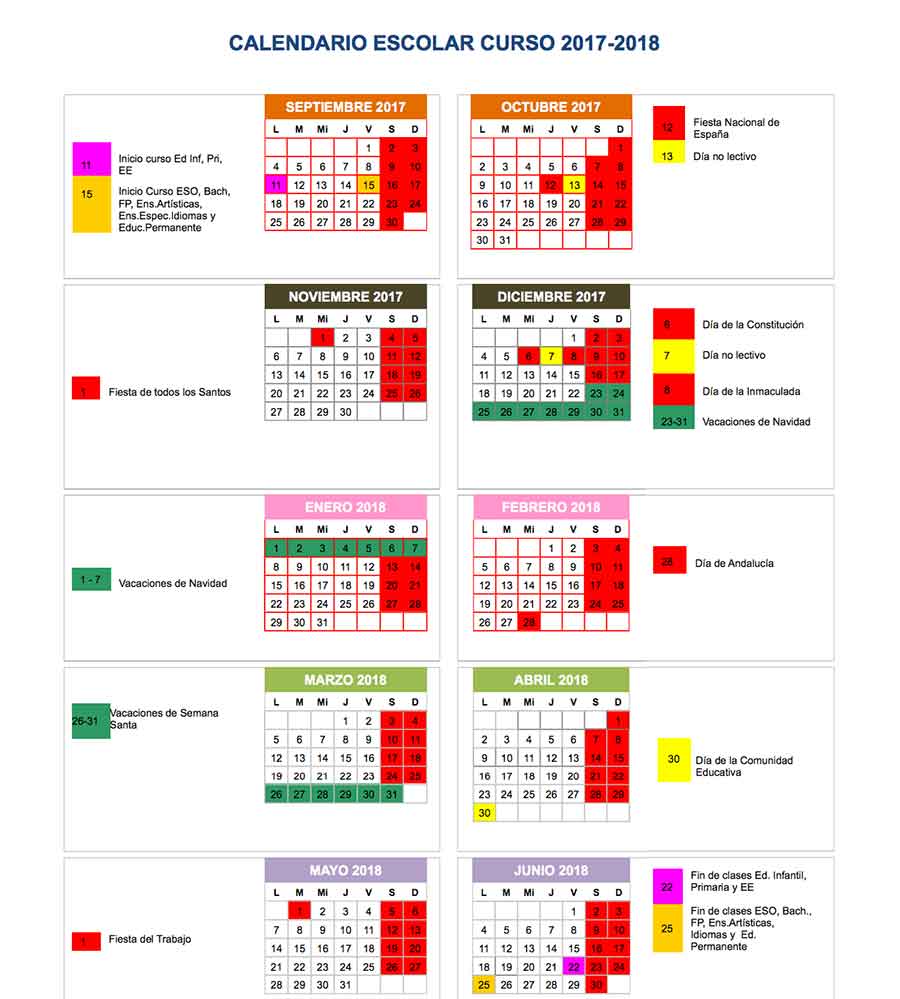 Calendario escolar Granada curso 2017-18 - Colegio La Presentación de